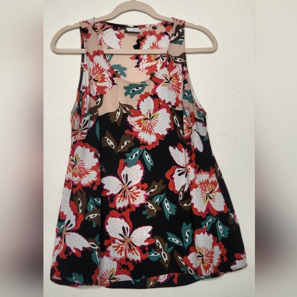 Women's ,CABI Black and Pink Floral Tank Top with Artistic Design.Size M